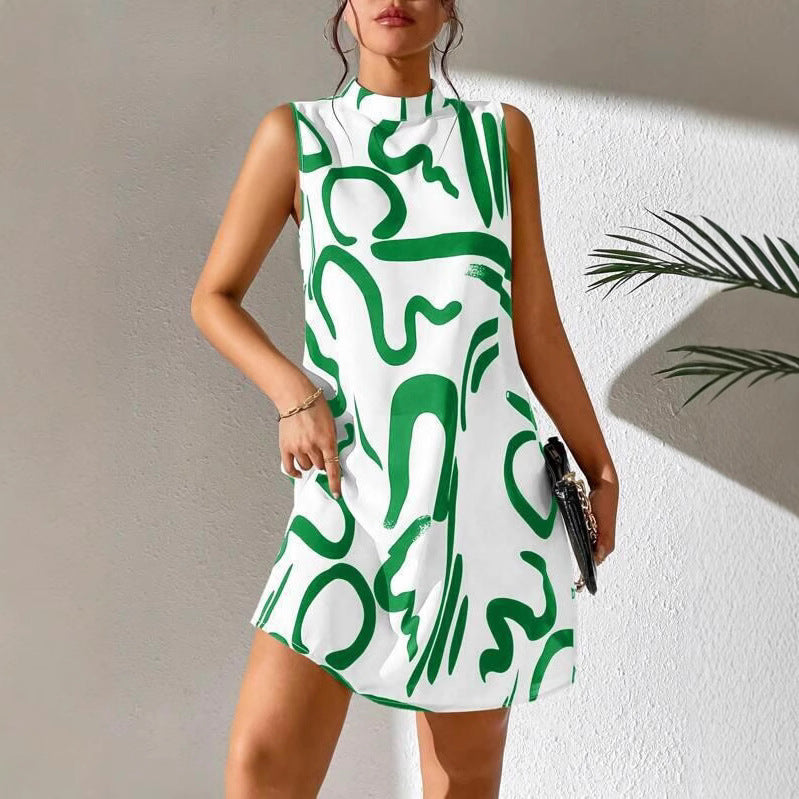 Damen A-linien Minikleid mit modernem grafischem Muster und Stehkragen Drune