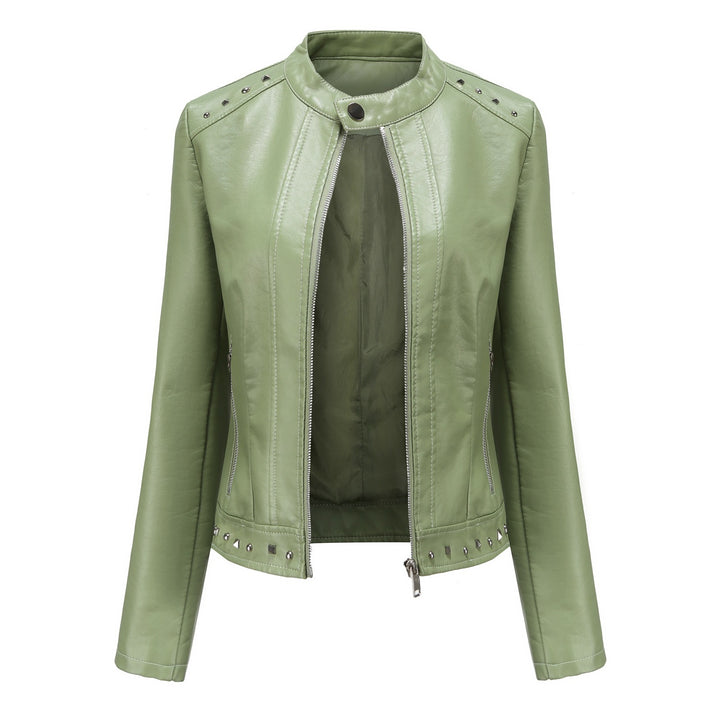 Damen nan kurze taillierte Kunstlederjacke mit Stehkragen Zwei-Wege-Reißverschluss und Ziernietensaum Drune