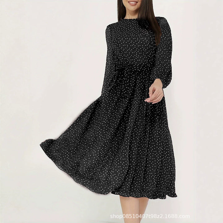 Damen Midikleid mit Punkten, taillierter Bindegürtel und Volantrock Drune