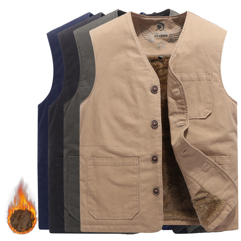 Herren Ärmellose Canvas‑Teddyweste mit wärmender Fleece‑Innenlage und aufgesetzten Taschen Drune