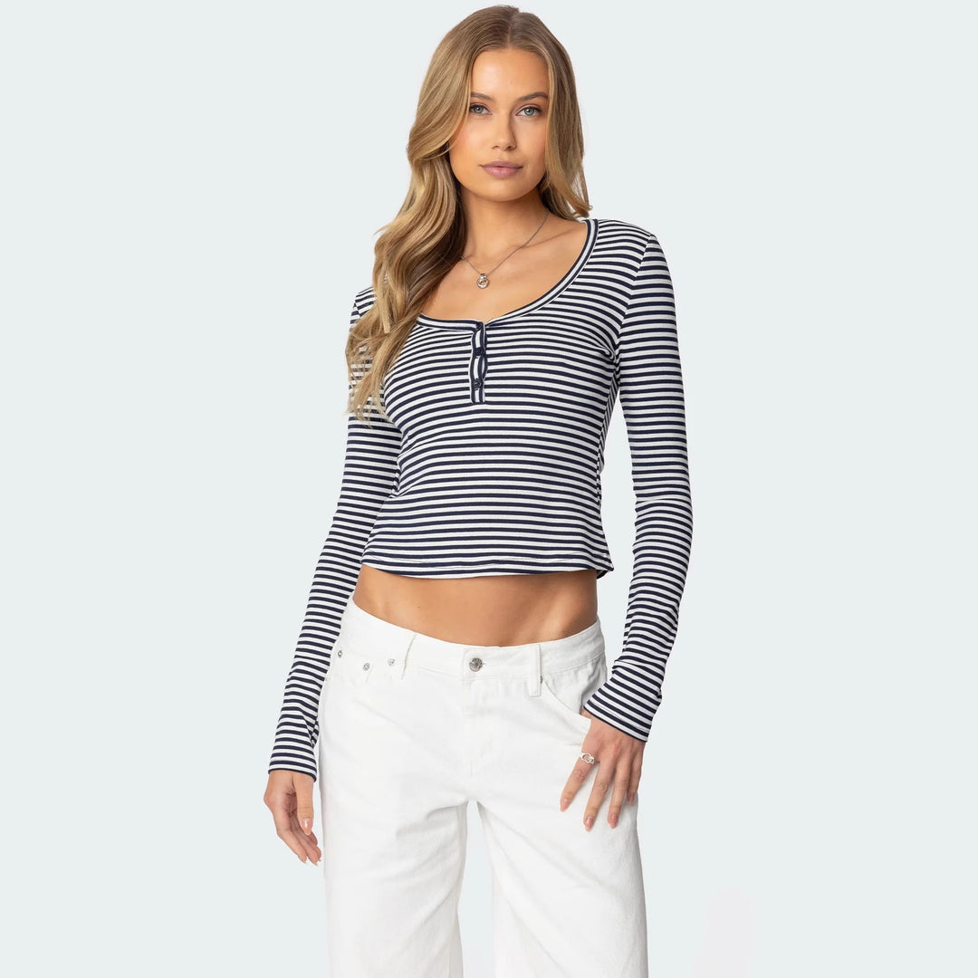 Damen Langarmshirt mit dehnbarem Streifenmuster und figurbetontem Schnitt Drune