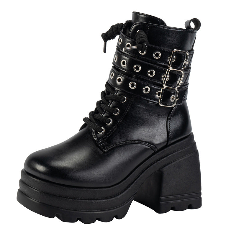 Damen Chunky Stiefel mit dekorativen Riemen und robustem Profil Drune