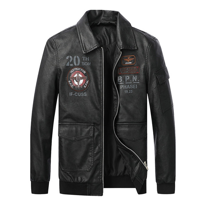 Herren Pilotenjacke aus Kunstleder mit Emblem-Patches, Pattentaschen und Rippbündchen Drune