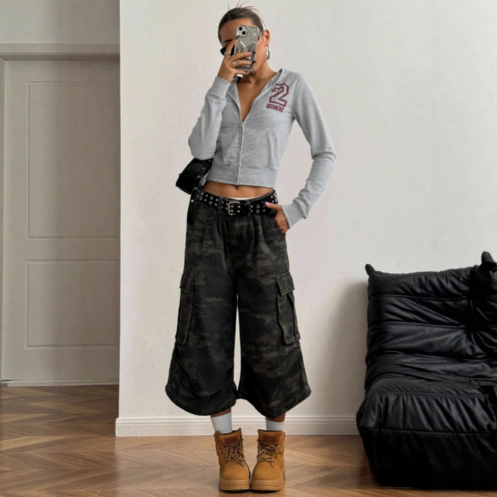 Damen sportliches Crop-Top mit Reißverschluss und hohem Kragen Drune