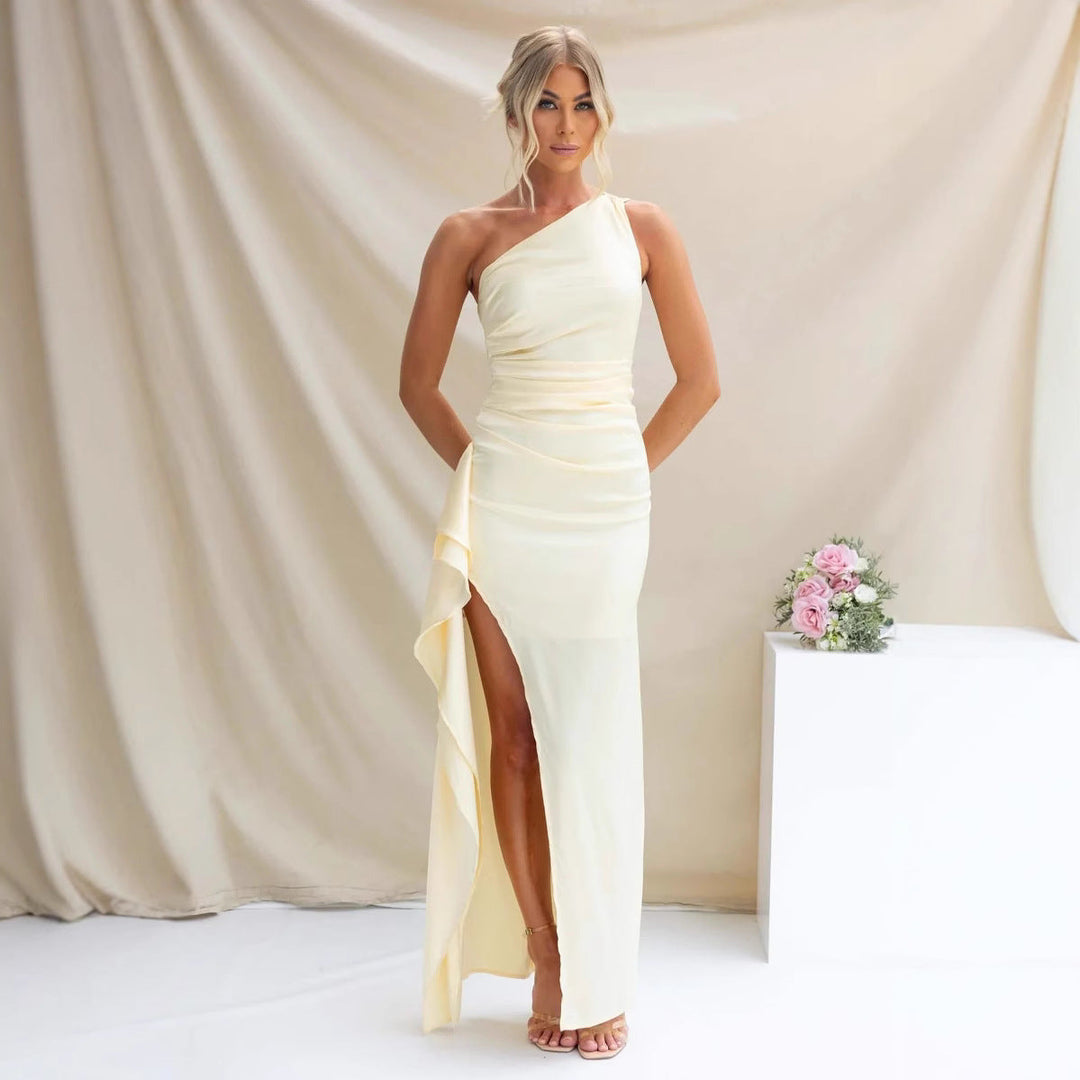 Damen One-Shoulder Maxikleid mit seitlichem Schlitz und elegantem Drapierungen Drune