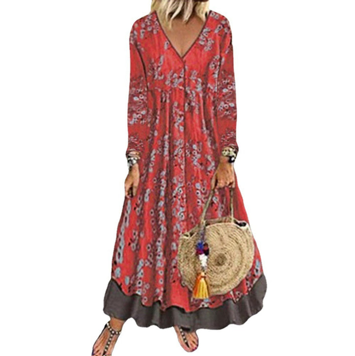 Damen blumiges Maxikleid mit weitem Schnitt und V-Ausschnitt Drune