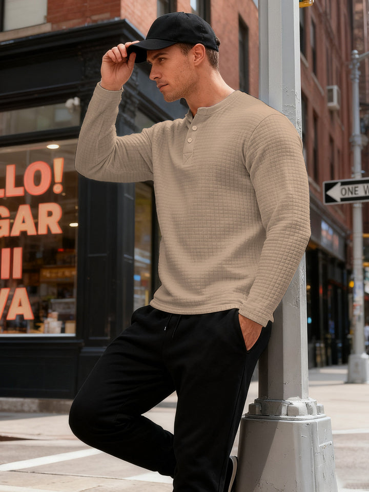 Herren nan strukturiertes Henley-Langarmshirt aus Waffelstrick mit Stehkragen und schmaler Silhouette Drune