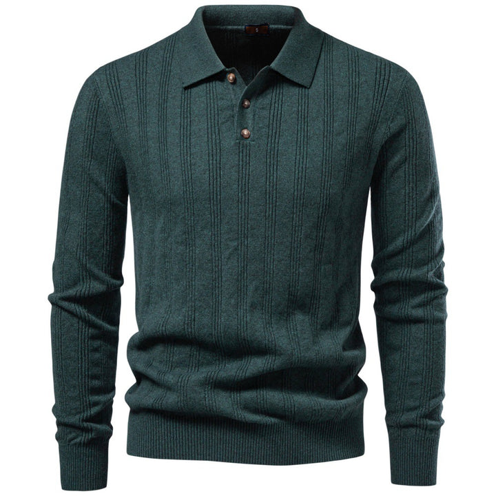 Herren Langarm-Feinstrick-Poloshirt mit Strukturstreifen und geripptem Saum Drune