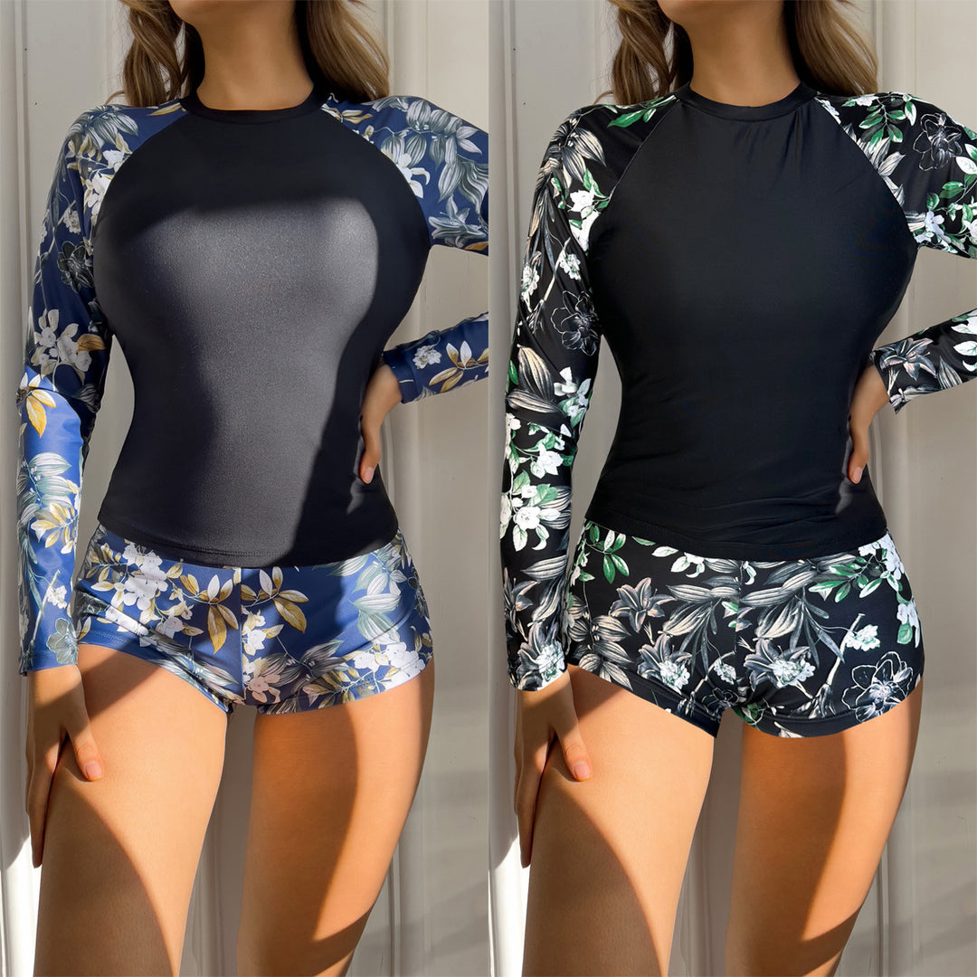 Damen Sportlicher Langarm-Badeanzug mit floralem Design Drune