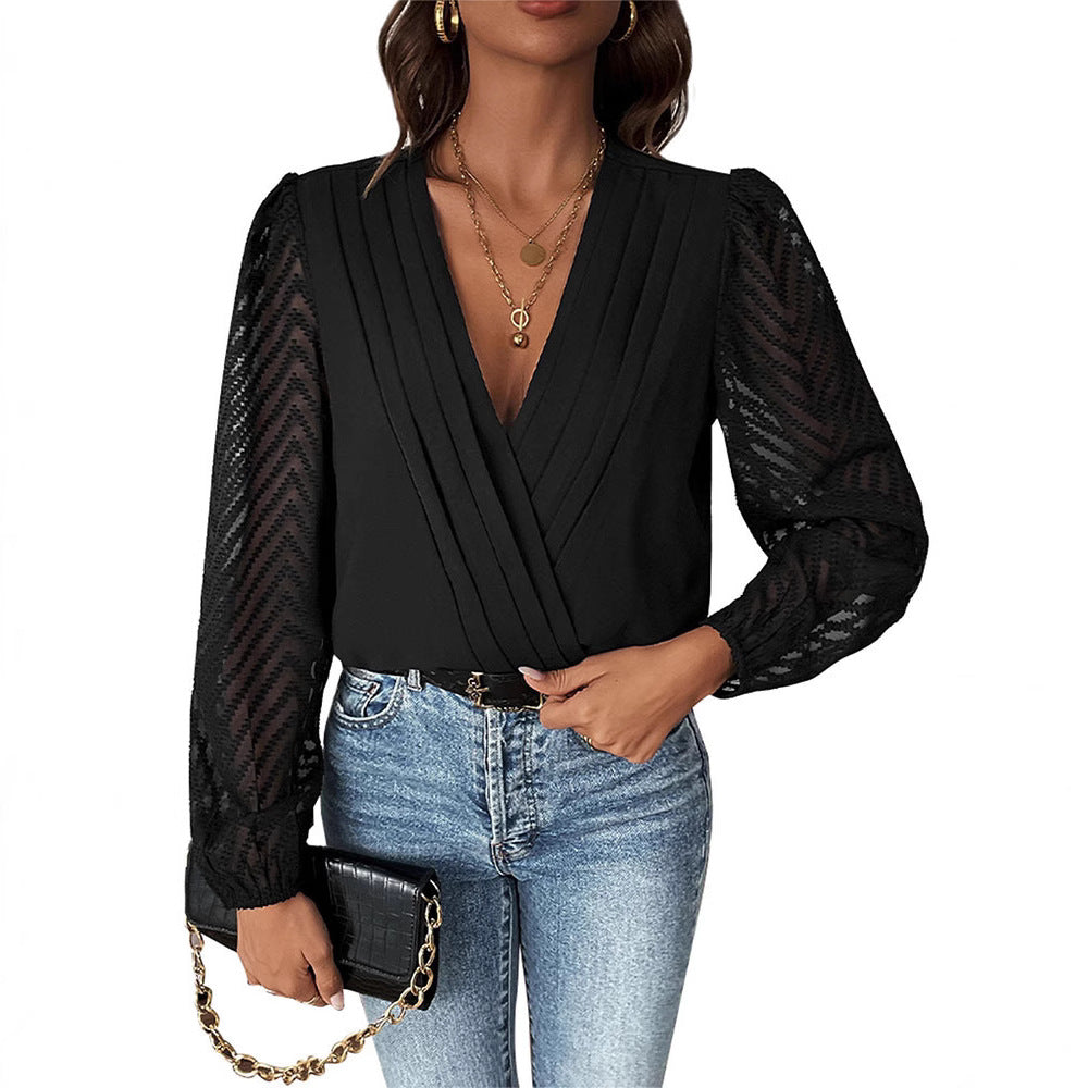 Damen Elegante Wickelbluse mit plissiertem V-Ausschnitt und transparenten Chevron-Ärmeln Drune