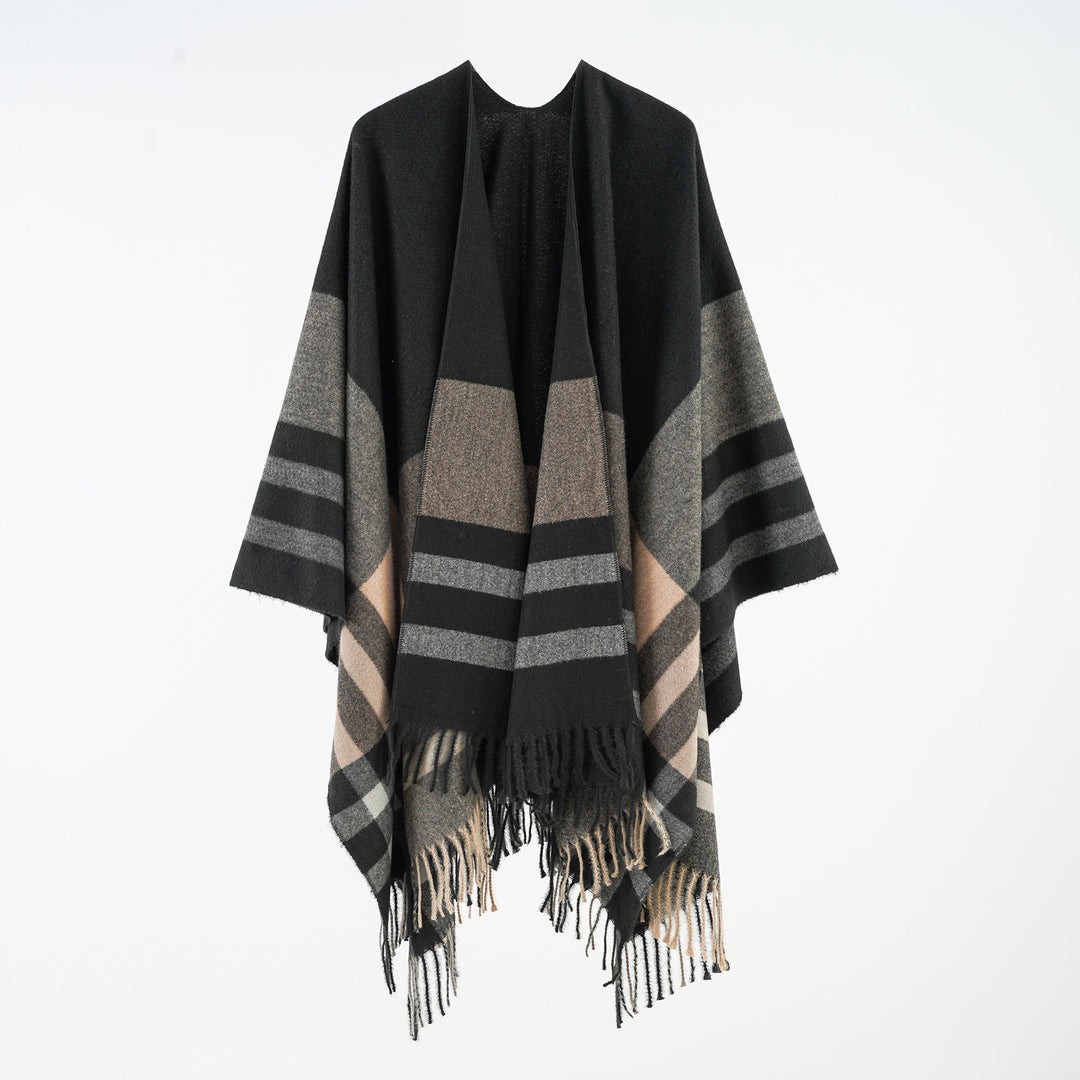 Damen Oversize-Überwurfponcho aus Wollmix mit grafischem Streifenmuster und Fransensaum Drune