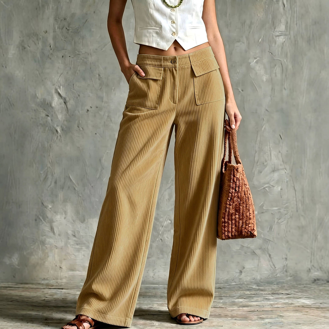 Damen Weite Cord-Palazzohose mit hoher Taille und aufgesetzten Pattentaschen Drune