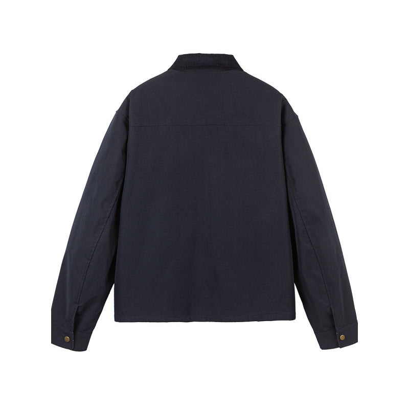 Herren Kurze Boxy-Workerjacke aus robustem Canvas mit Cordkragen und verdeckter Druckknopfleiste Drune
