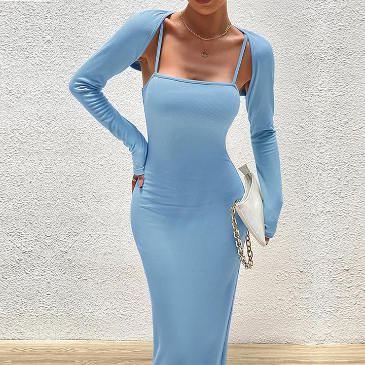 Damen schlankes Maxikleid mit Spaghettiträgern und abnehmbaren Bolero-Ärmeln Drune