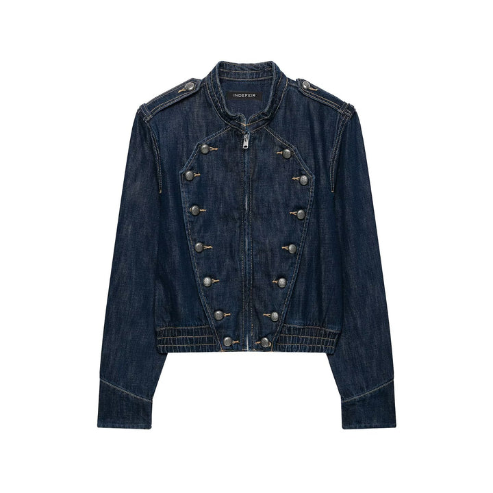 Damen Cropped Denim-Fieldjacke mit dekorischer Doppelreihe und Stehkragen Drune