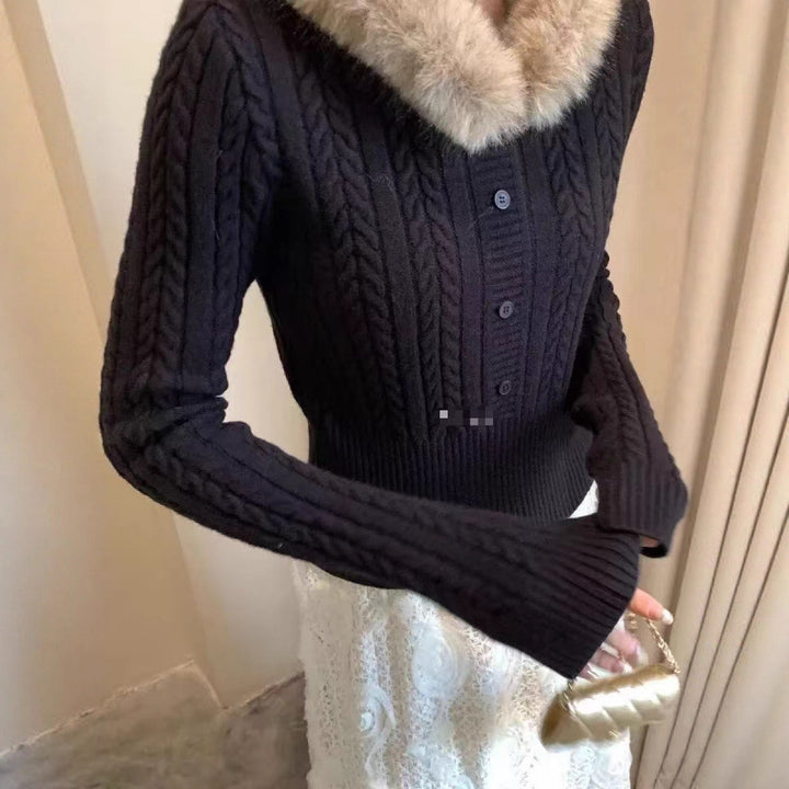 Damen Strickpullover mit luxuriösem Fellkragen und eleganten Knopfdetails Drune
