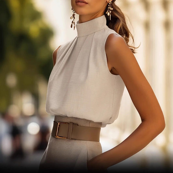 Damen Elegantes Blusenshirt mit Stehkragen und Faltenwurf Drune