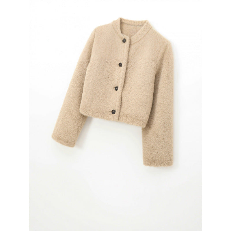 Damen Cropped Teddy‑Jacke mit geradem Saum, Rundhals und Hornknopfverschluss Drune
