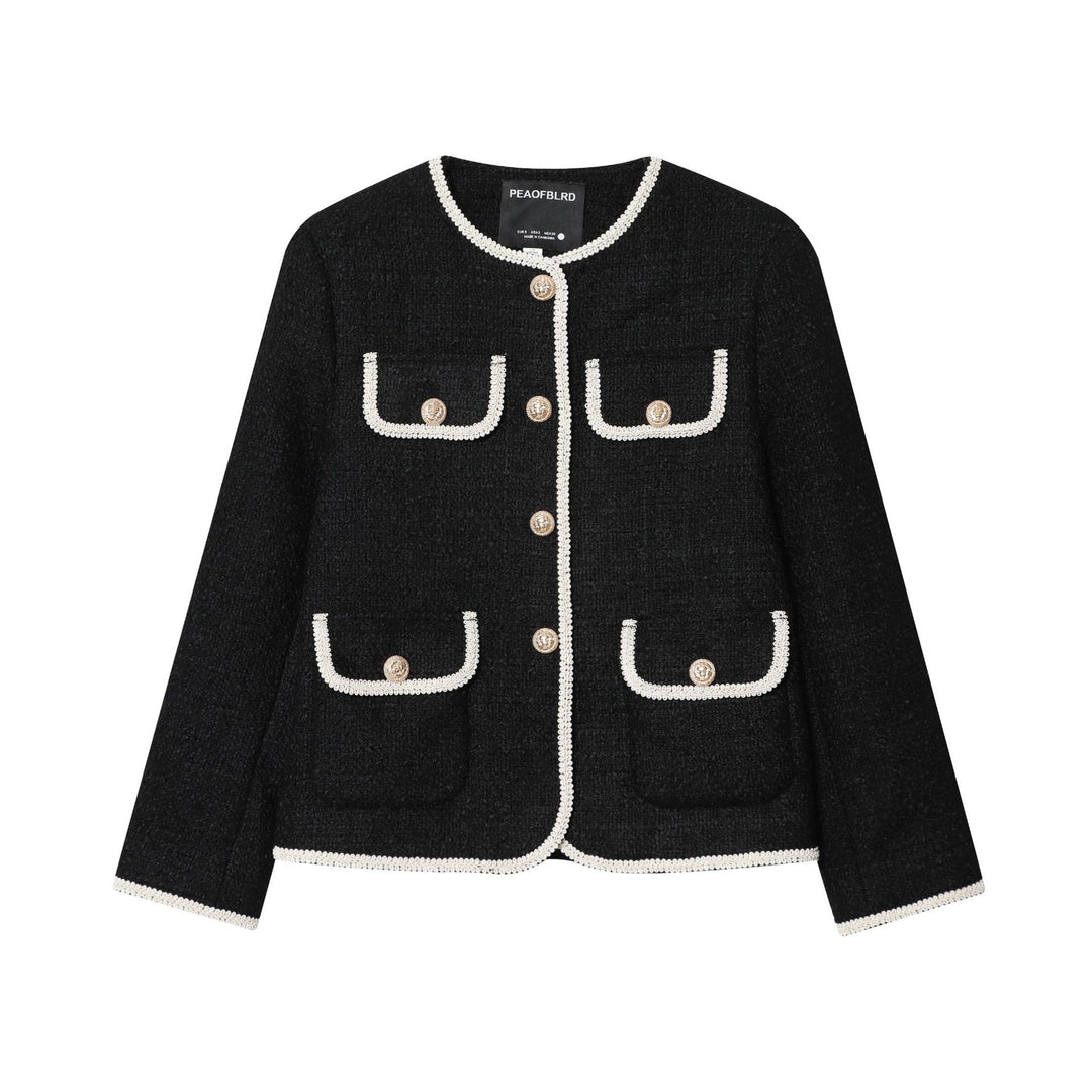Damen nan kastige Bouclé-Jacke mit kontrastpaspel, vier Zier-Fronttaschen und goldenen Schmuckknöpfen Drune