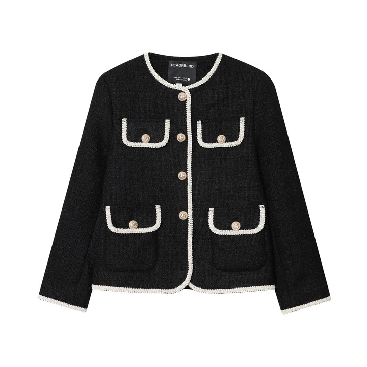 Damen nan kastige Bouclé-Jacke mit kontrastpaspel, vier Zier-Fronttaschen und goldenen Schmuckknöpfen Drune