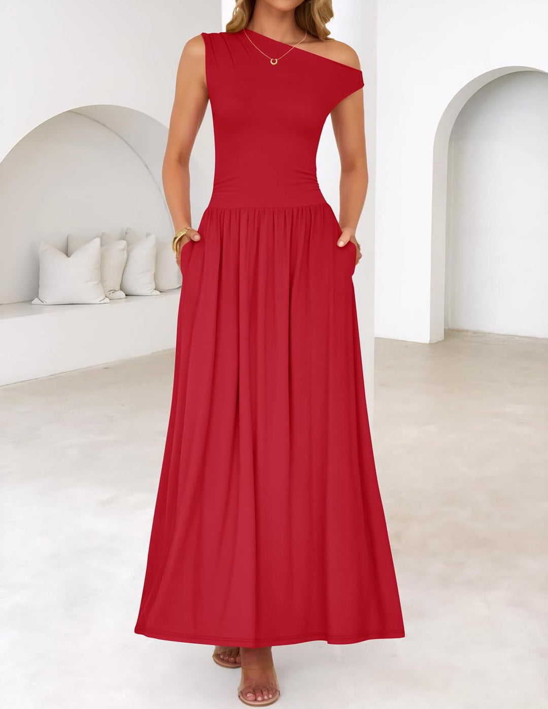 Damen Asymmetrisches Maxikleid mit One-Shoulder, Taillenbetonung und Seitentaschen Drune