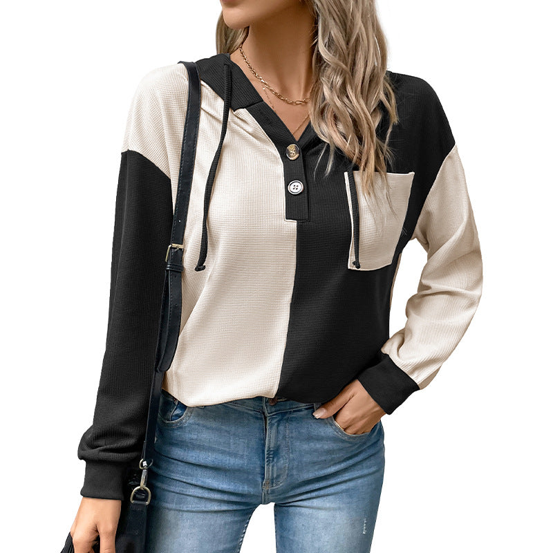 Damen Lässiges Hoodie-Oberteil mit Knopfleiste und Farbblock-Design Drune