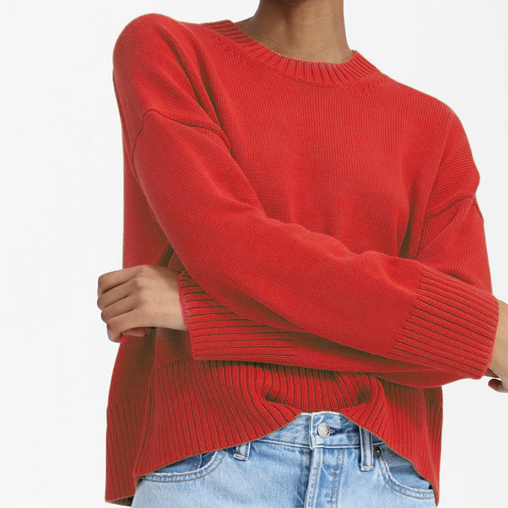 Damen Oversize-Feinstrickpullover mit Rundhalsausschnitt, überschnittener Schulter und breitem Rippsaum Drune
