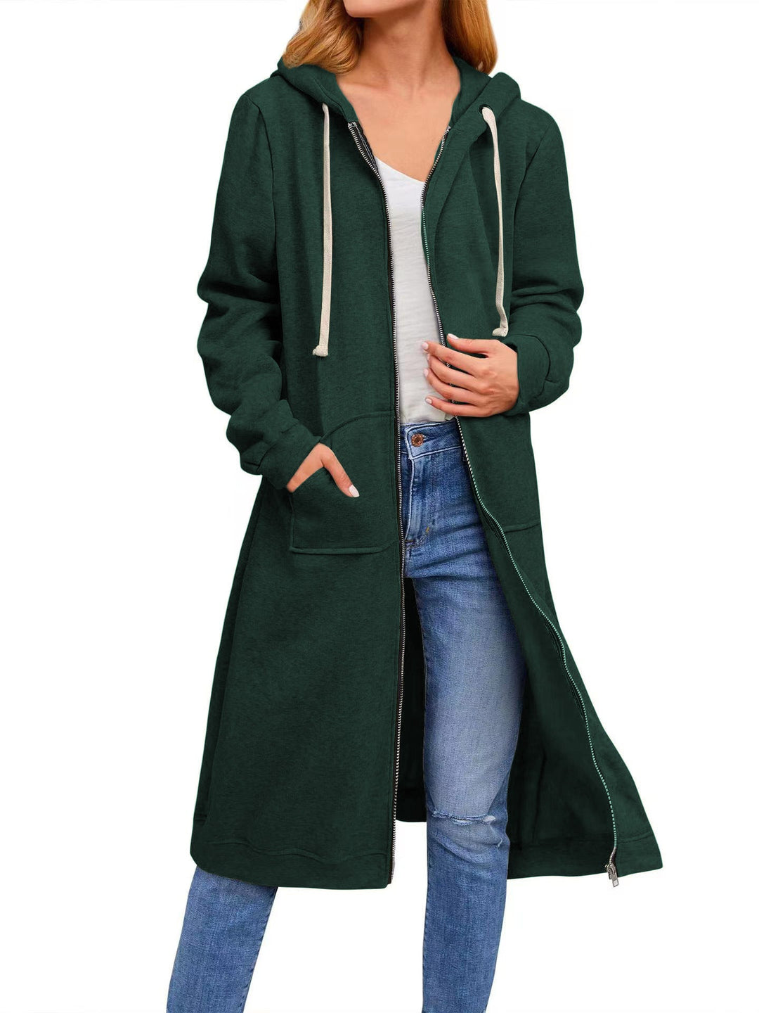 Damen lange Kapuzenjacke mit Reißverschluss und praktischen Taschen Drune