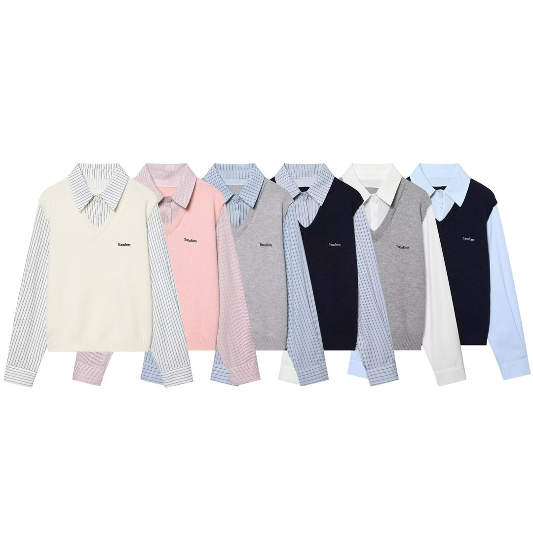 Damen Lagenlook-Hemd mit V-Ausschnitt Strickweste Drune