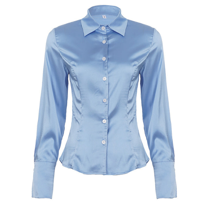 Damen Taillierte Satin-Bluse mit Hemdkragen, figurnahen Abnähern und langen Manschetten Drune