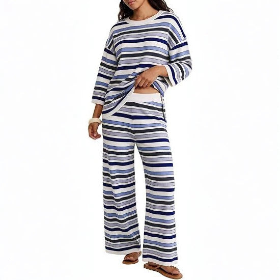 Damen Gestreiftes Lounge-Set aus leichtem Strick mit weitem Bein und 3/4-Ärmeln Drune