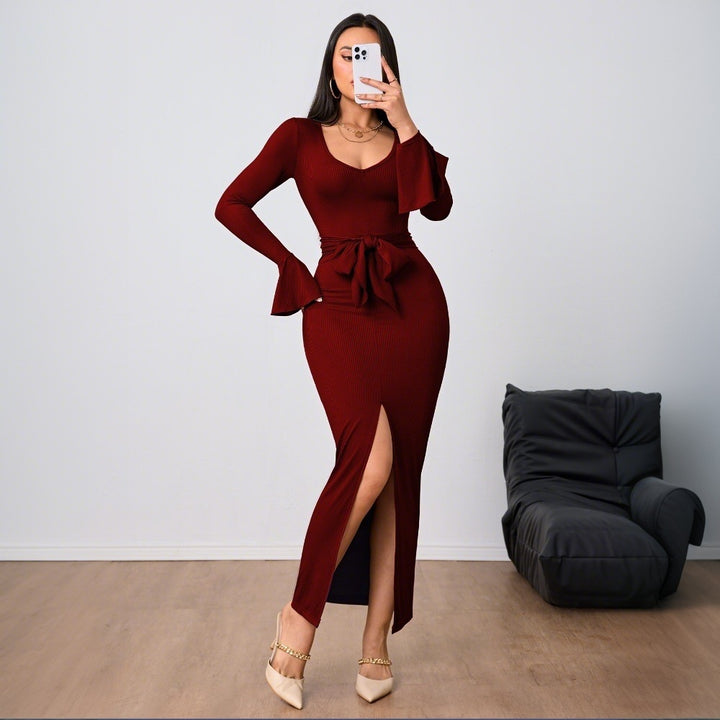 Damen figurbetontes Maxikleid mit V-Ausschnitt Trompetenärmeln Taillenband und hohem Seitenschlitz Drune