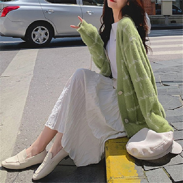 Damen gemütlicher Karostrickcardigan mit lässigem Schnitt und aufgesetzten Taschen Drune