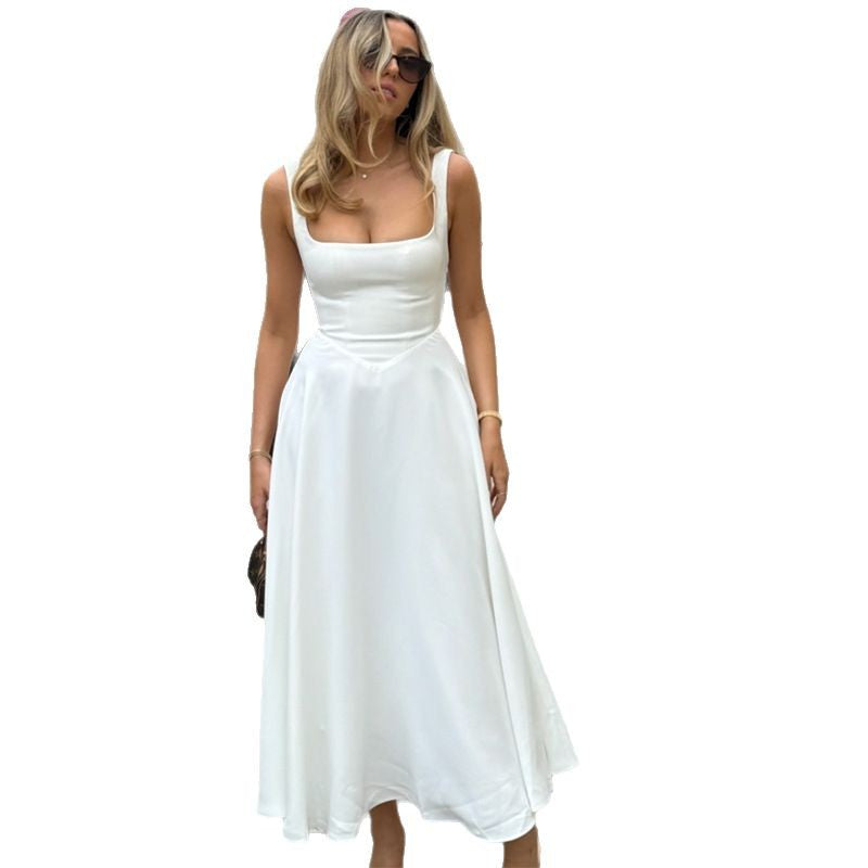 Damen Elegantes Maxikleid mit quadratischem Ausschnitt und fließendem Rock Drune
