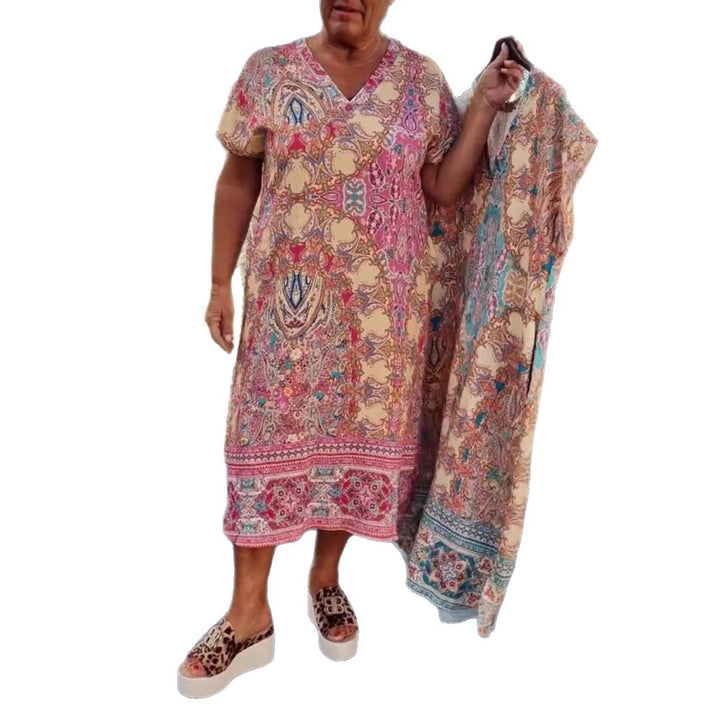 Damen nan luftiges V-Ausschnitt-Kleid im Paisley-Print mit Eingrifftaschen und passendem Pareo Drune