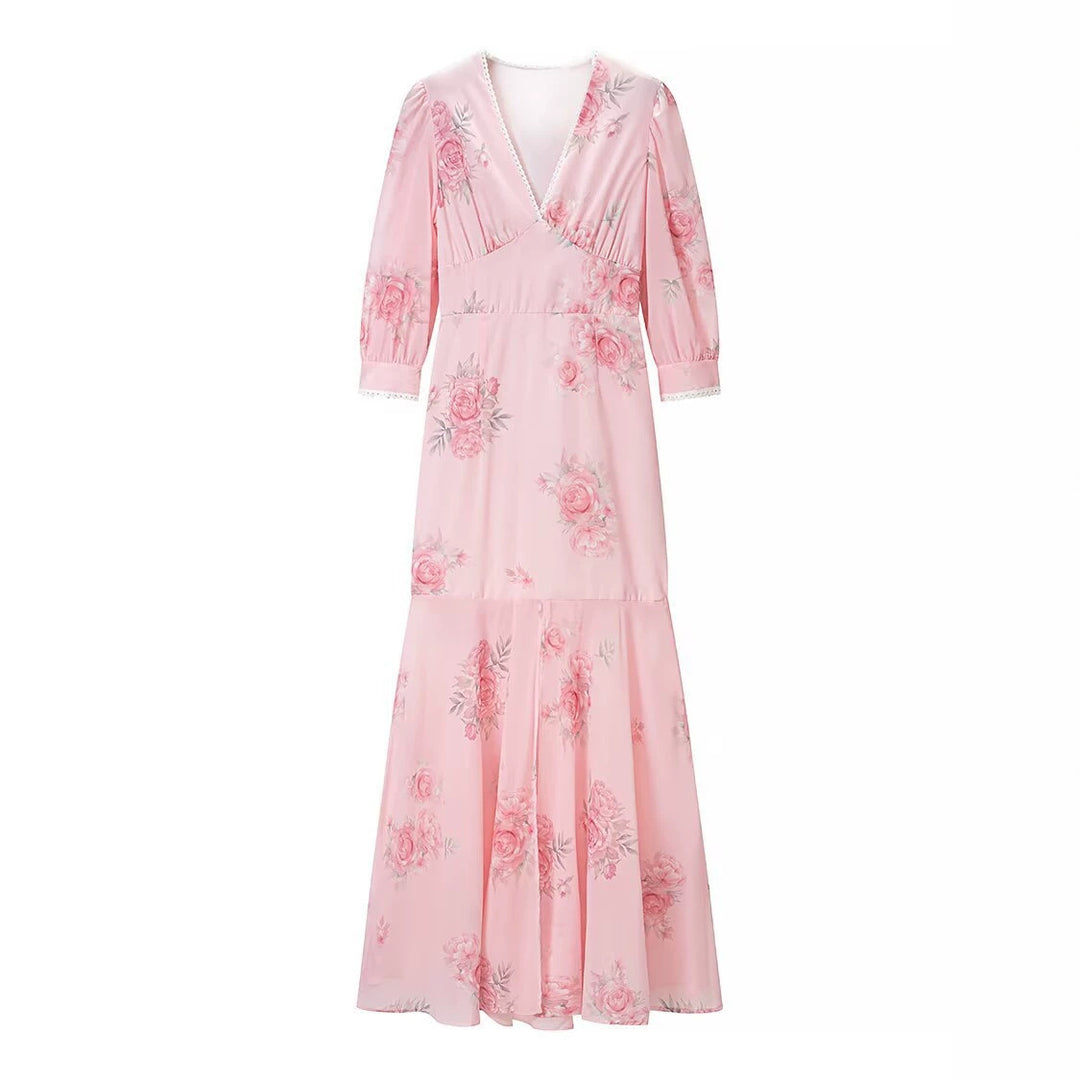 Damen Maxikleid mit V‑Ausschnitt, Empire‑Schnitt und floraler Chiffonoptik Drune