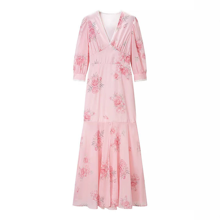 Damen Maxikleid mit V‑Ausschnitt, Empire‑Schnitt und floraler Chiffonoptik Drune