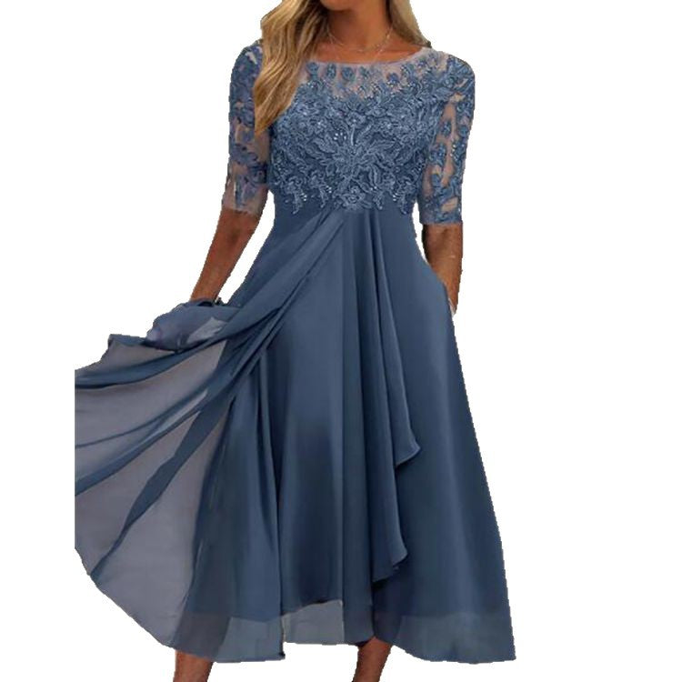 Damen elegantes Cocktailkleid mit floralem Spitzenoberteil und fließendem Rock Drune