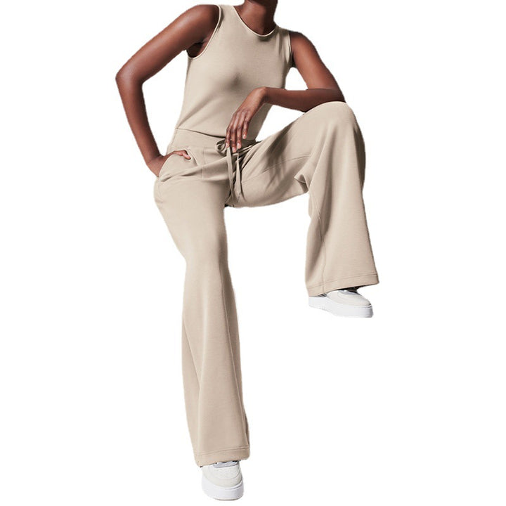 Damen nan ärmelloser Strick-Overall mit weitem Palazzo-Bein, Kordelbund und aufgesetzten Taschen Drune