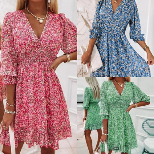Damen Blusenkleid im romantischen Floral-Design mit V-Ausschnitt und Rüschenärmeln Drune