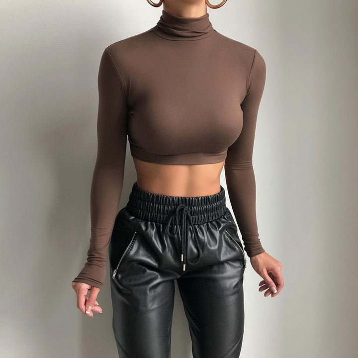 Damen Modisches Crop-Top mit hohem Kragen und langem Arm Drune