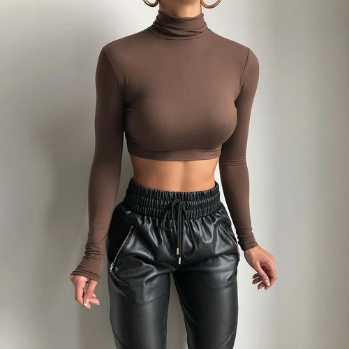 Damen Modisches Crop-Top mit hohem Kragen und langem Arm Drune