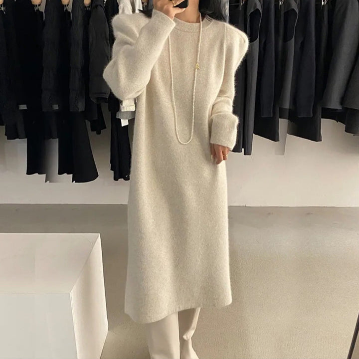 Damen elegantes Strickkleid mit Puffärmeln und Rundhalsausschnitt Drune