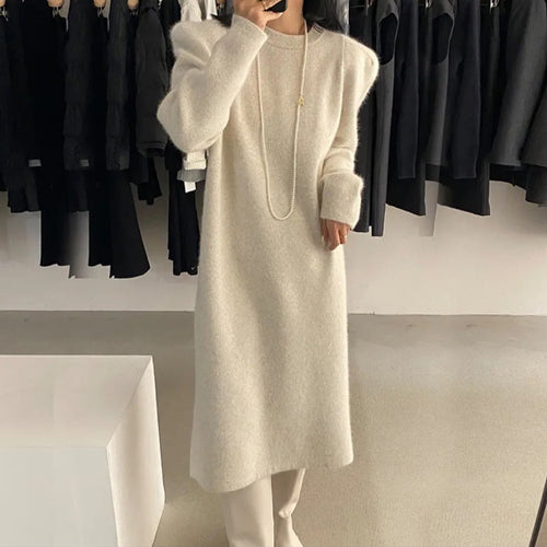 Damen elegantes Strickkleid mit Puffärmeln und Rundhalsausschnitt Drune