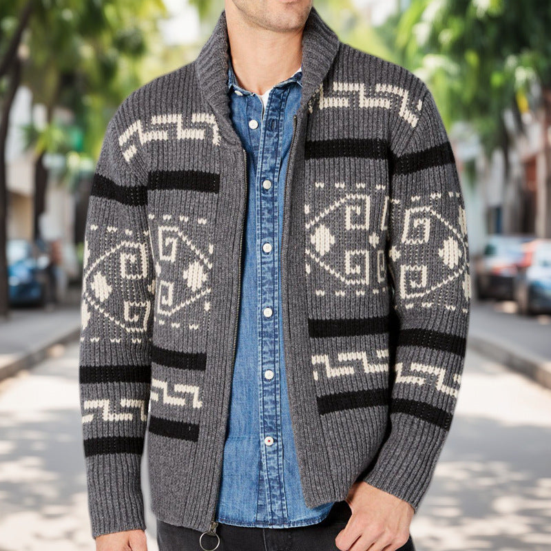 Herren Strickjacke mit kunstvollem Muster und hohem Kragen Drune