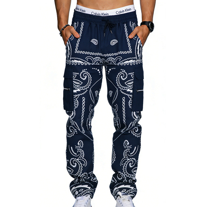 Herren Cargo-Hose mit Bandana-Print, elastischem Bund und Zipper-Taschen Drune