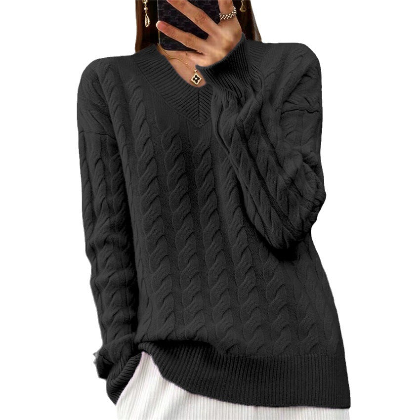 Damen nan weich fallender Zopfmuster-Pullover mit V-Ausschnitt, Oversize-Schnitt und geripptem Saum Drune
