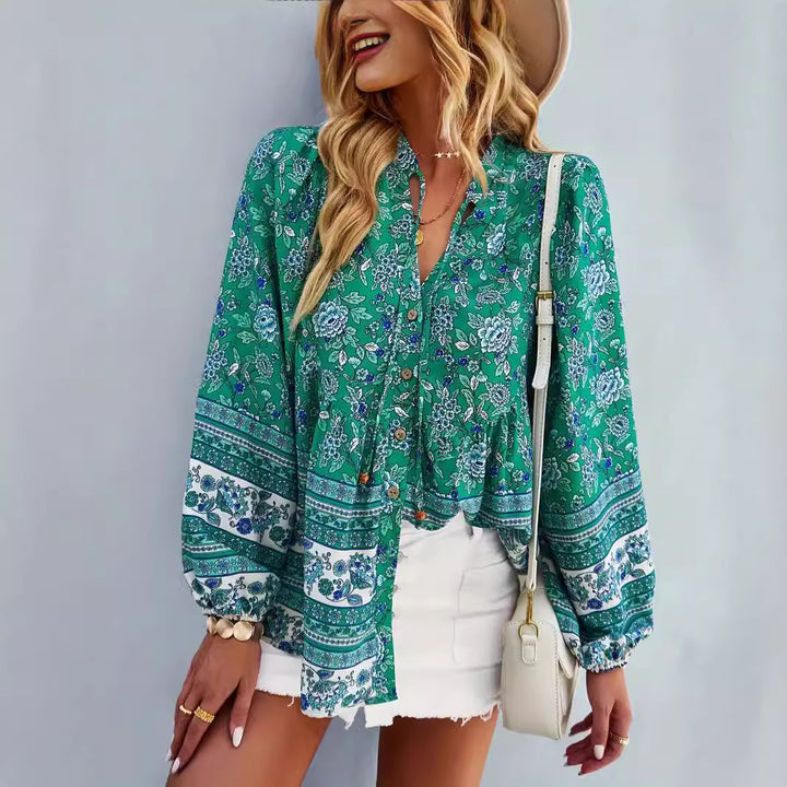 Damen Blusentop mit buntem Blumenmuster und Volantärmeln Drune