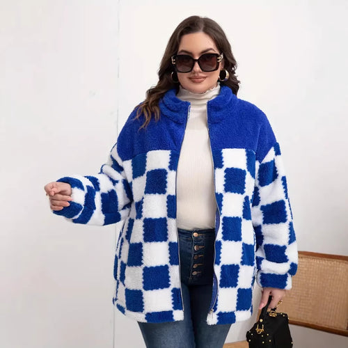Damen Kariert‑Design Teddy‑Fleecejacke mit Stehkragen, Reißverschluss und Oversize‑Schnitt Drune