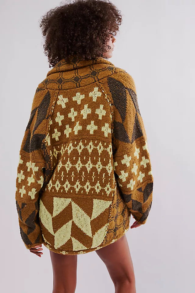 Damen Oversized Strickjacke mit Schalkragen und grafischem Muster Drune